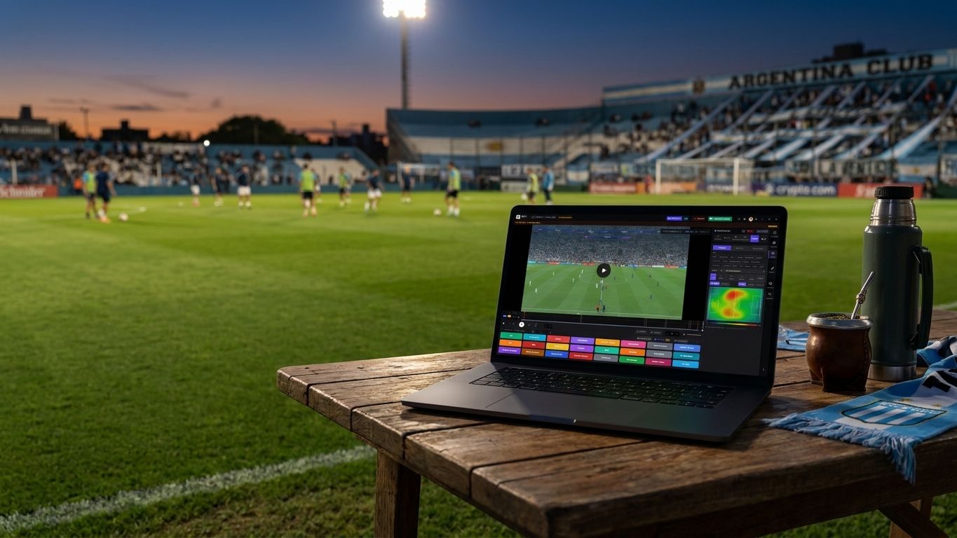 Notebook con Goal Labs analizando un partido al borde de la cancha de un club argentino al atardecer